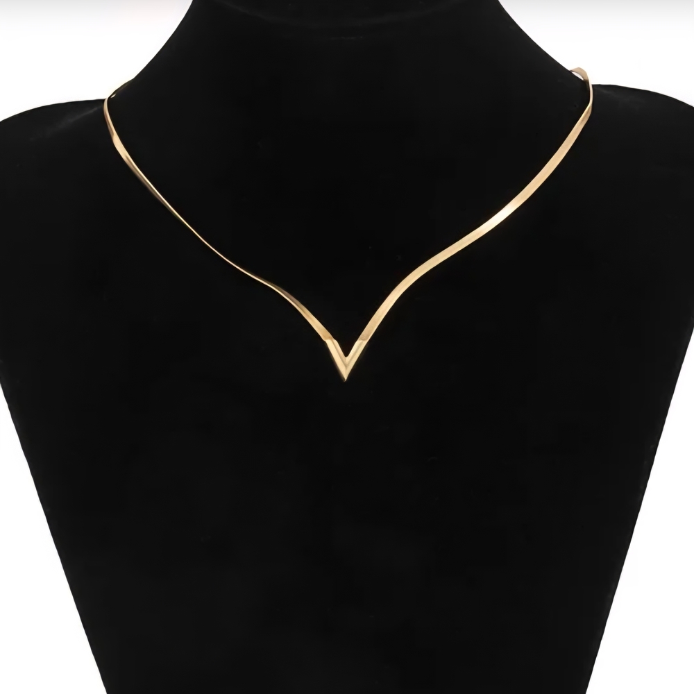 Gold Tone Necklace V ShapedFlat Snake Clavicle Chain - Picture 9 of 9